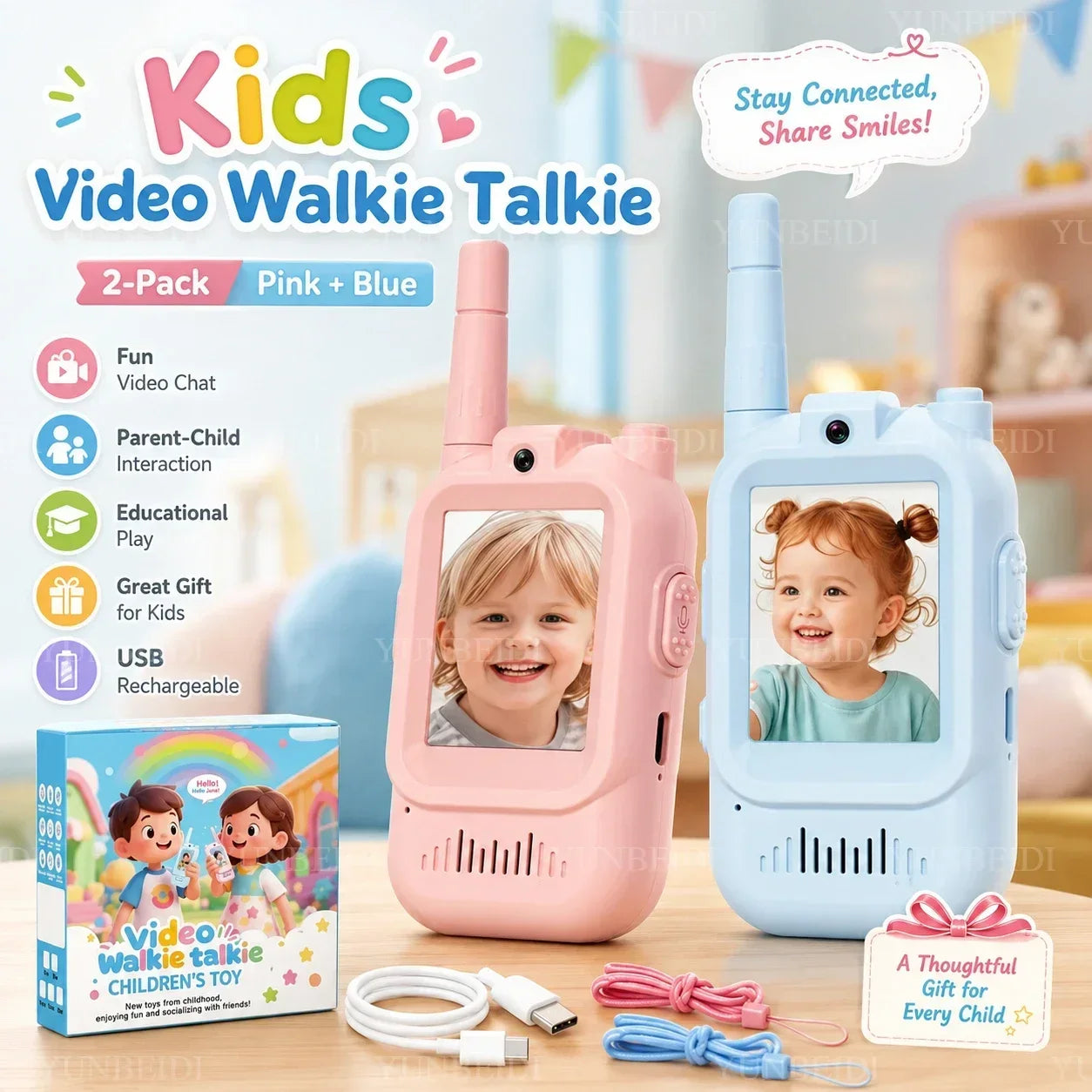 2PCS Kids Video Walkie Talkies HD Video Call Type-C Charging Intercom Toys No SIM Card Indoor Birthday Gift for Boys Girls Age3+